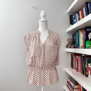 ANTHROPOLOGIE Isani red white and blue sheer pleated neck tie blouse size 14